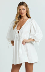 Rosita Mini Dress - Tie Front Puff Sleeve Dress in White