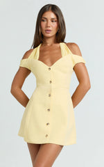 Baylee Mini Dress - Off Shoulder Button Front Tulip Skirt Dress in Lemon