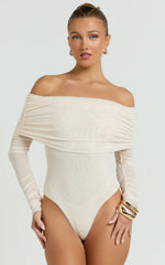 Jaythen Bodysuit - Long Sleeve Off Shoulder Ruched Mesh Bodysuit in Cream