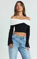 Sadie Top - Twist Off Shoulder Long Sleeve Rib Top in White/Black