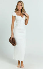 Farrow Midi Dress - Cap Sleeve Ruched Bust Fitted Dress in Off White