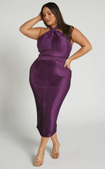 Marlette Midi Dress - Pleated Open Back Halter Dress in Aubergine