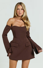 Nettie Mini Dress - Off Shoulder Longsleeve Fit and Flare Dress in Chocolate