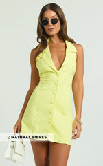 Sammie Mini Dress - Backless Halter Neck Linen Dress in Lemon
