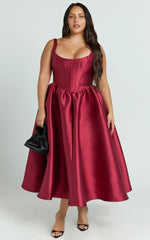 Courtney Midi Dress - Corset Panel Low Back Dress in Wine