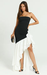 Deeyah Maxi Dress - Strapless Ruffle Detail Dress in Black & White
