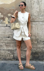 Rhianna Top - Button Down Longline Recycled Denim Vest Top in Ecru