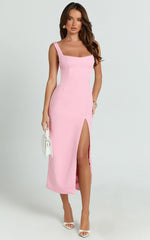 Aretha Midi Dress - Square Neckline High Split Dress in Pink