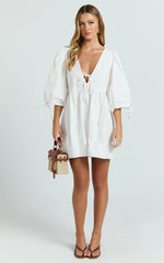 Rosita Mini Dress - Tie Front Puff Sleeve Dress in White