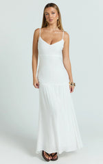 Collins Maxi Dress - V Neck Dropped Waist Gathered Maxi Dress in Off White