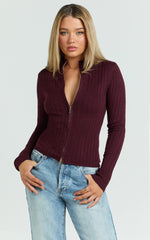 Jada Top - Double Zip Knitted Long Sleeve Top in Cherry Liqueur