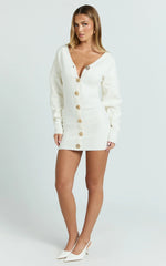 Demelza Mini Dress - Knit Button Down Blouson Cardigan Mini Dress in Cream