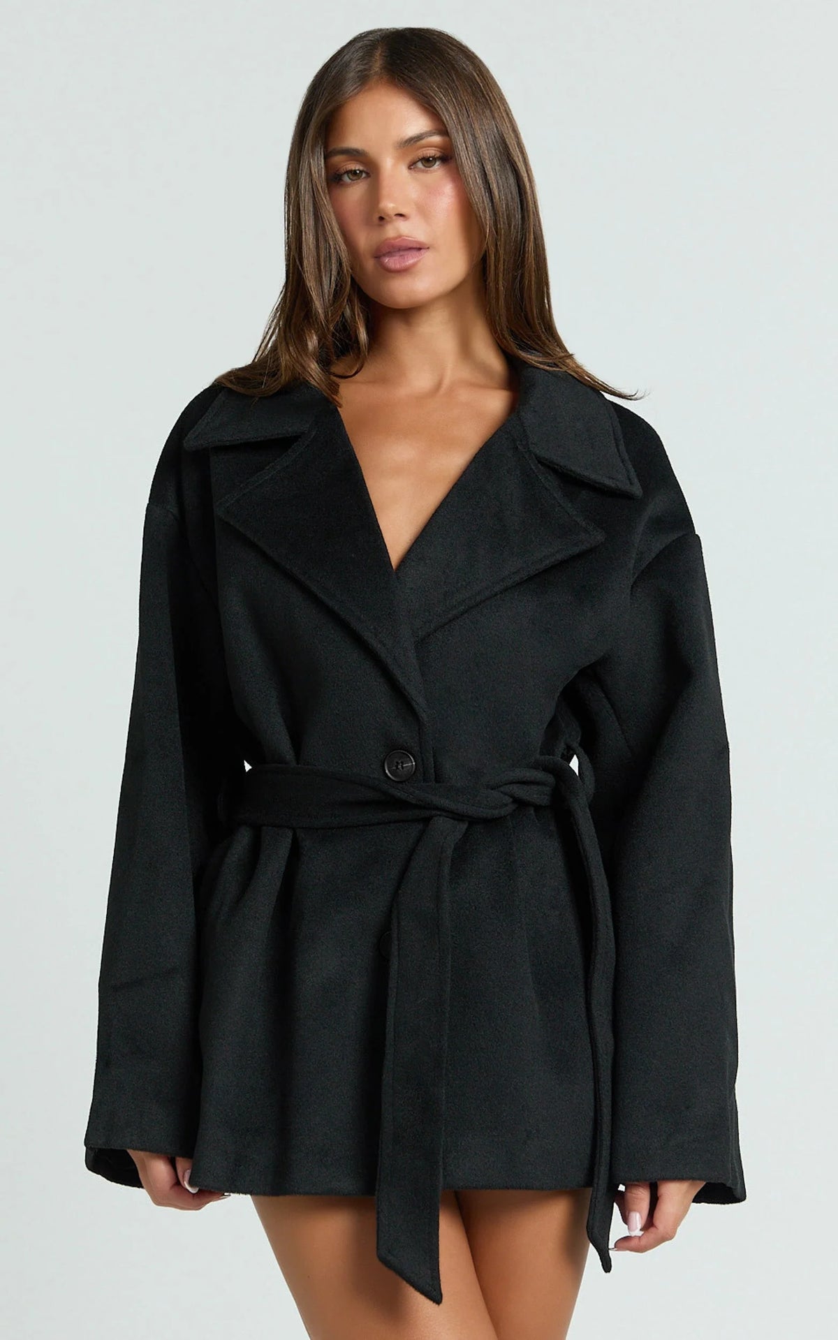Alessandra Coat - Single Breasted Belted Short Wool Like Coat in Black