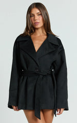 Alessandra Coat - Single Breasted Belted Short Wool Like Coat in Black