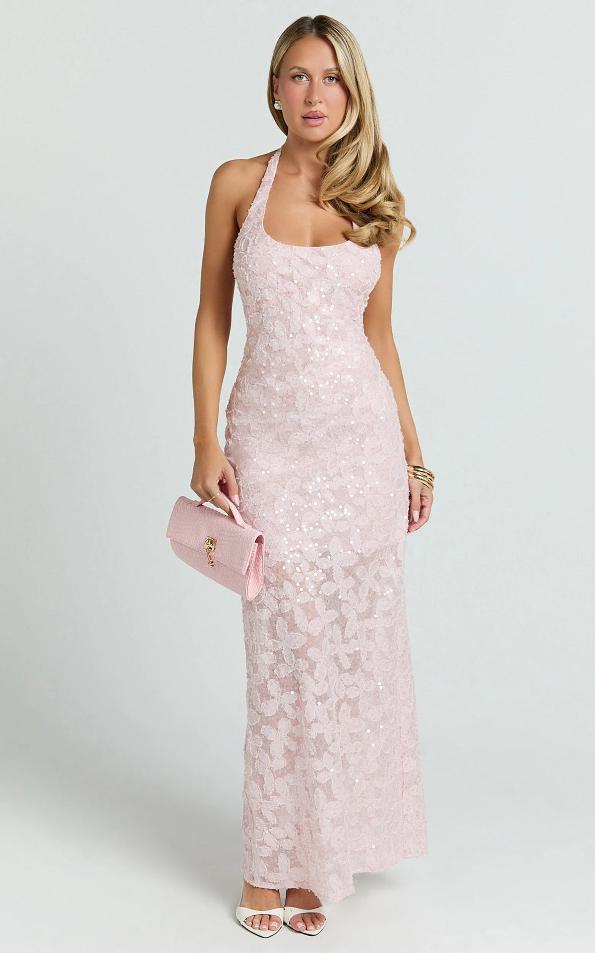 Benny Maxi Dress - Halter Neck Backless Bodycon Dress in Pink