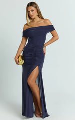 Alanna Maxi Dress - Off Shoulder Ruched Mesh Dress in Ink