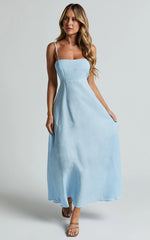 Brette Midi Dress - Linen Straight Neck Strappy Fit And Flare Dress in Blue