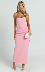 Avery Midi Dress - Strapless Draped Side Split Dress in Pink