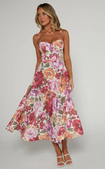 Robertson Midi Dress - Strappy Sweetheart Bustier Flare Dress in Spring Floral