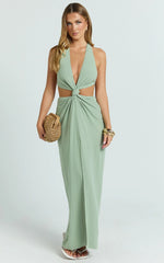 Brooklyn Maxi Dress - Halter Neck Knot Detail Front Split Maxi Dress in Sage