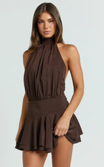 Bryonie Mini Dress - Backless Halter Dress in Chocolate
