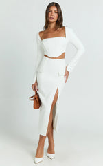 Clarissa Top - Square Neck Pearl Trim Long Sleeve Top in Off White