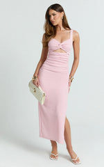 Bianca Midi Dress - Twist Front Cut Out Ruched Dress in Pink
