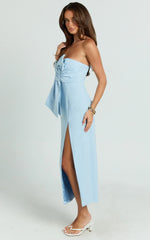 Chika Midi Dress - Linen Look Strapless Bow Front High Split Dress in Pale Blue