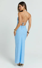 Farah Maxi Dress - Textured Jersey Plunge Bodycon Dress in Light Blue