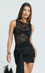 Ellen Mini Dress - Lace Contrast Skirt Bodycon Dress in Black
