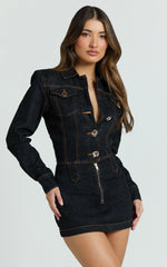 Fabia Mini Dress - Denim Hardware Button Front Fitted Shirt Dress in Dark Wash
