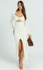 Delaney Midi Dress - Long Sleeve Twist Front Bodycon Dress in Cream