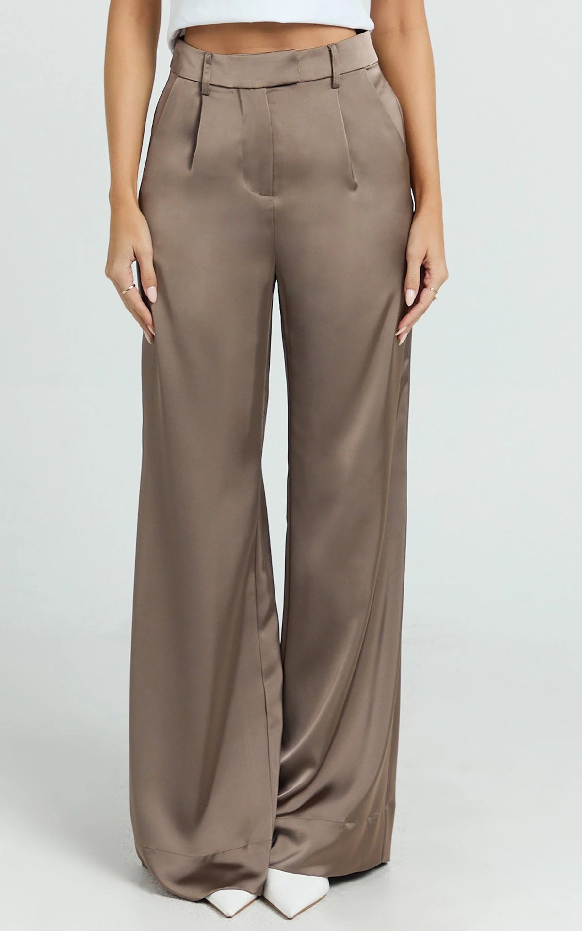 Cade Pants - Mid Waisted Front Pleat Satin Wide Leg Pants in Taupe