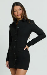Belle Mini Dress - High Neck Collar Long Sleeve Button Front Fitted Shirtdress in Black