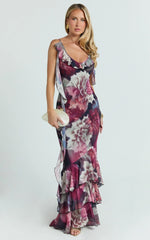 Riley Maxi Dress - Asymmetric Ruffle Detail Maxi Dress in Mariache Rose