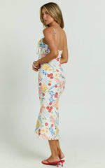 Mikayla Midi Dress - Linen Scoop Neck Ruched Bust Corset Waist Bias Skirt Dress in Pomodoro Paradise Print