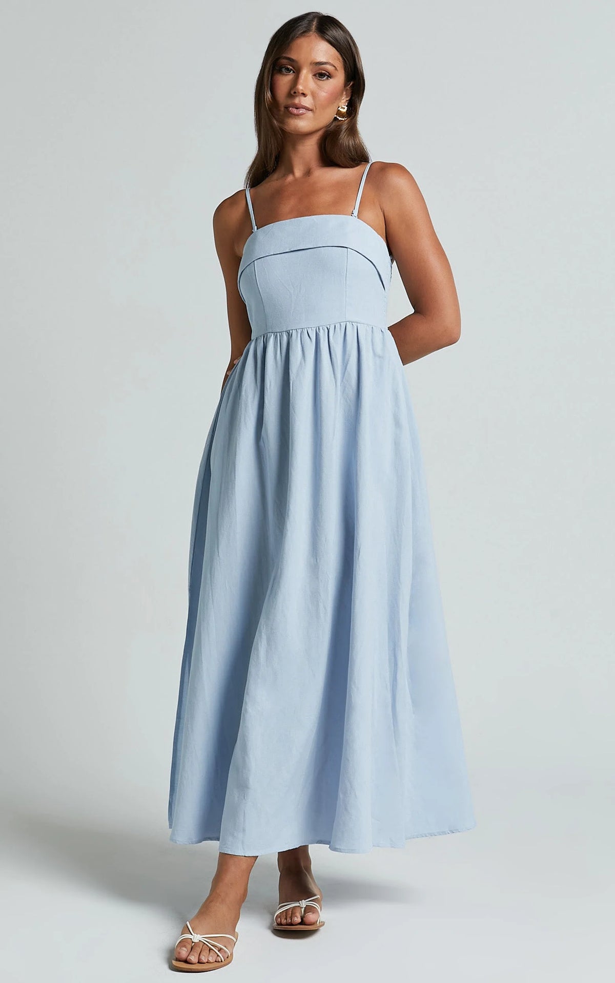 Carlyn Midi Dress - Linen Detachable Straps in Blue