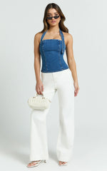Nicky Top - Denim Hardware Buckle Halter Neck Top in Dark Blue Wash