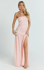 Georgina Maxi Dress - Sequin Strapless Front Split Dress in Pink