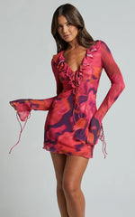 Alesya Mini Dress - Ruffle Plunge Neck Long Sleeve Tie Detail Dress in Adeana Print