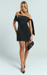 Cecilia Mini Dress - Off Shoulder Tie Detail Dress in Black