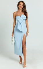 Chika Midi Dress - Linen Look Strapless Bow Front High Split Dress in Pale Blue
