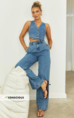 Fergie Jeans - Denim High Waisted Straight Leg Denim Jeans in Mid Blue Wash