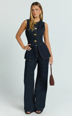 Rhianna Top - Button Down Longline Recycled Denim Vest Top in Raw Denim