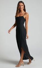 Andrina Midi Dress - High Low Wrap Corset Dress in Black