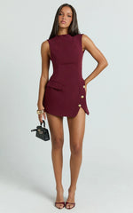 Langley Mini Dress - Sleeveless High Neck Faux Wrap Tulip Dress in Wine