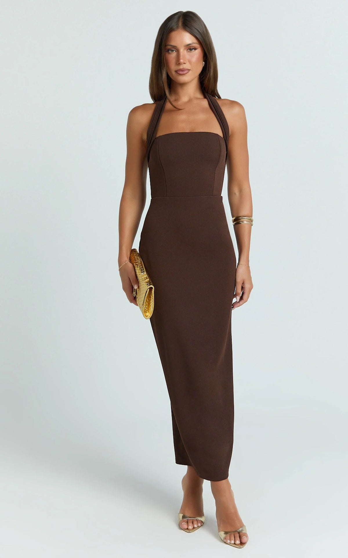 Salome Midi Dress - Halter Neck Column Dress in Dark Chocolate