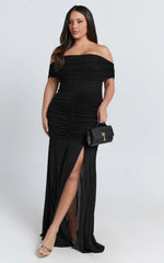 Alanna Maxi Dress - Off Shoulder Ruched Mesh Dress in Black