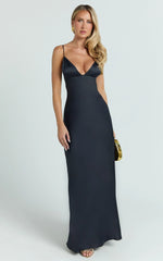 Cariela Midi Dress - Plunge Neck Satin Dress in Navy