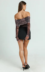 Jambee Top - Long Sleeve Off Shoulder Ruched Mesh Top in Brown Multi